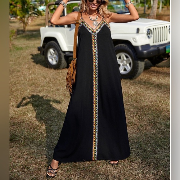 Boho Geometric Embroidery Maxi Cami Dress - Picture 3 of 6